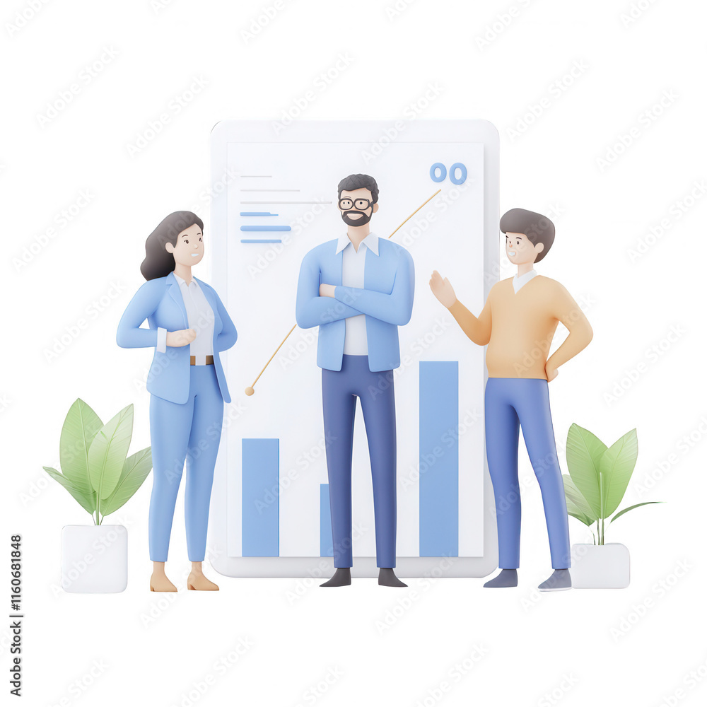 Poster three colleagues collaborating to analyze data and improve business strategy., isolated on a transpa