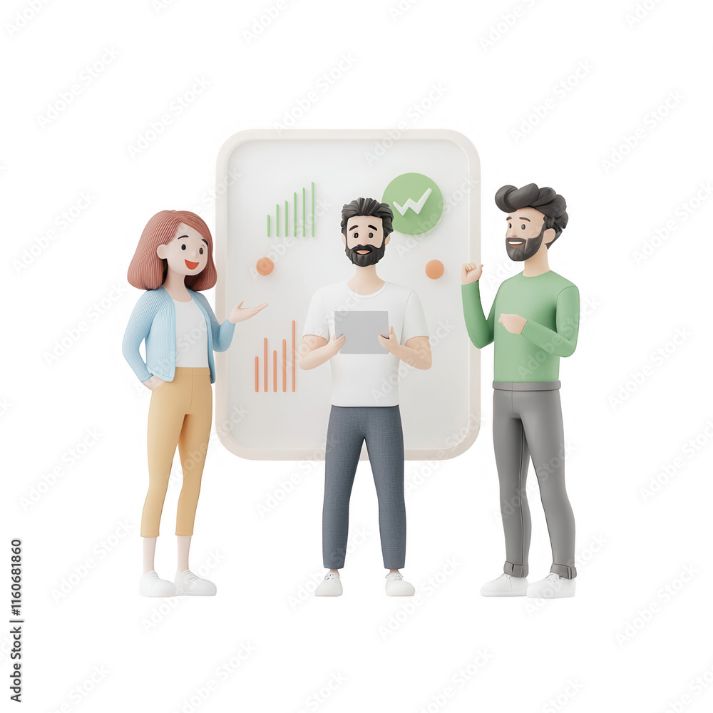 Poster three colleagues discussing financial charts and data in a modern office setting., isolated on a tra