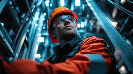 An elevator mechanic inspecting cables in a high-rise building shaft, highlighting precision and safety in industrial maintenance work.