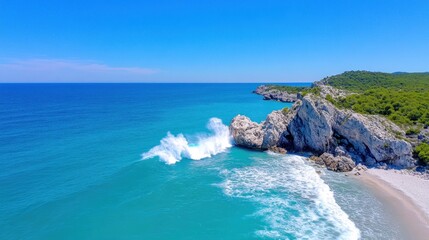 Obraz premium Scenic coastal view with waves crashing against rocky cliffs.
