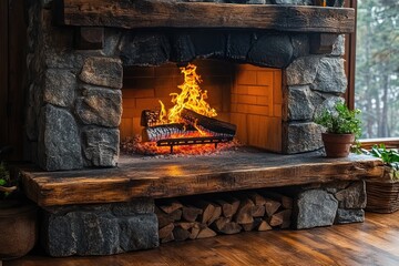A warm and inviting fireplace with burning logs and flames