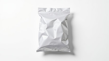 Crushed in a neat heap, a pristine white pouch with a gleaming metal zipper stands out against a snowy backdrop