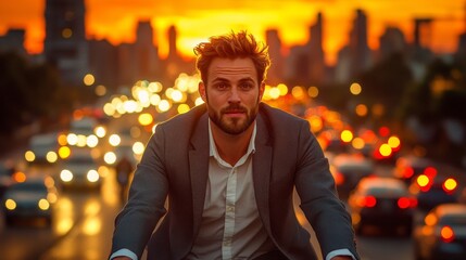 Fototapeta premium Businessman Commuting on a Bicycle: Urban Sustainability, Healthy Lifestyle, Eco-Friendly Transportation, and City Living