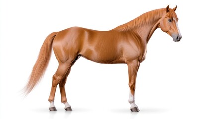 A realistic depiction of a standing brown horse.