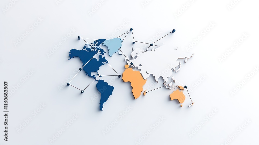 Poster abstract world map with network connections in a modern style.