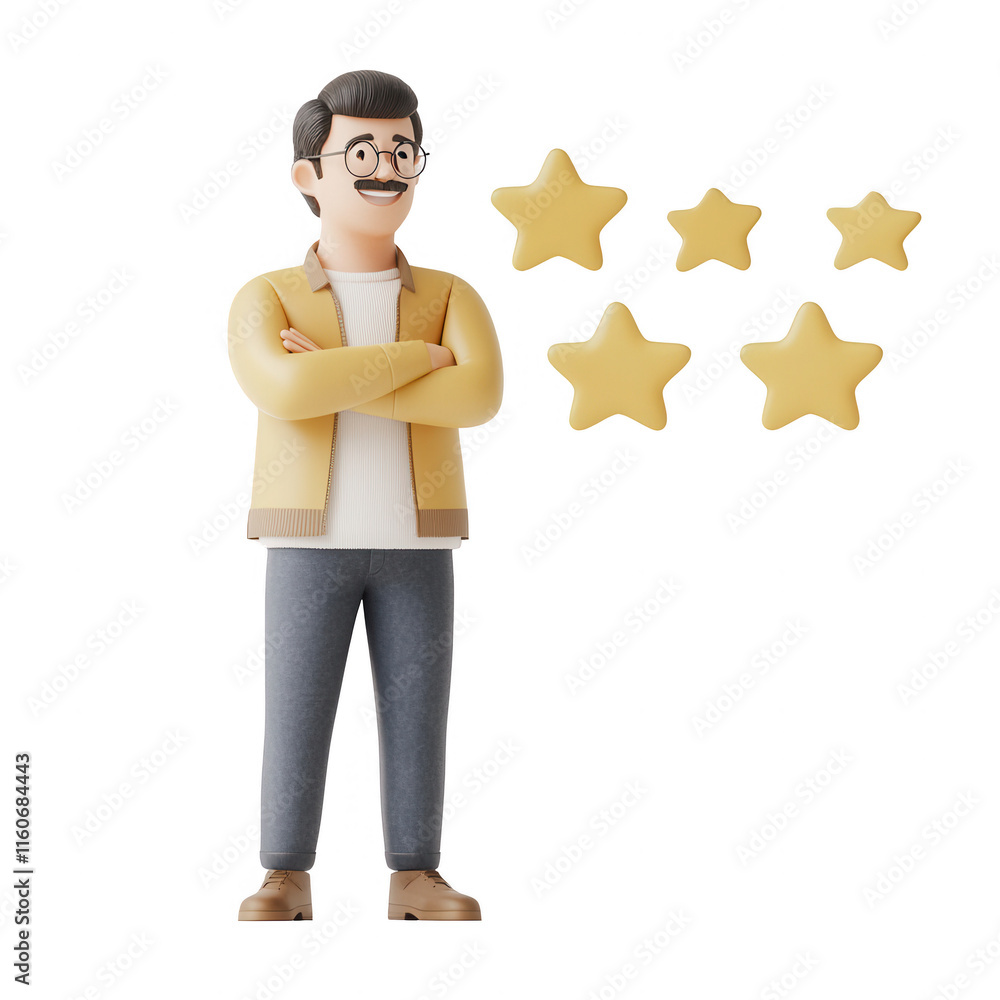 Poster 3d character showing confidence with five stars representing reviews and feedback., isolated on a tr