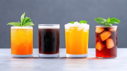 Fototapeta premium Four colorful drinks in glasses with mint and ice on a grey background.