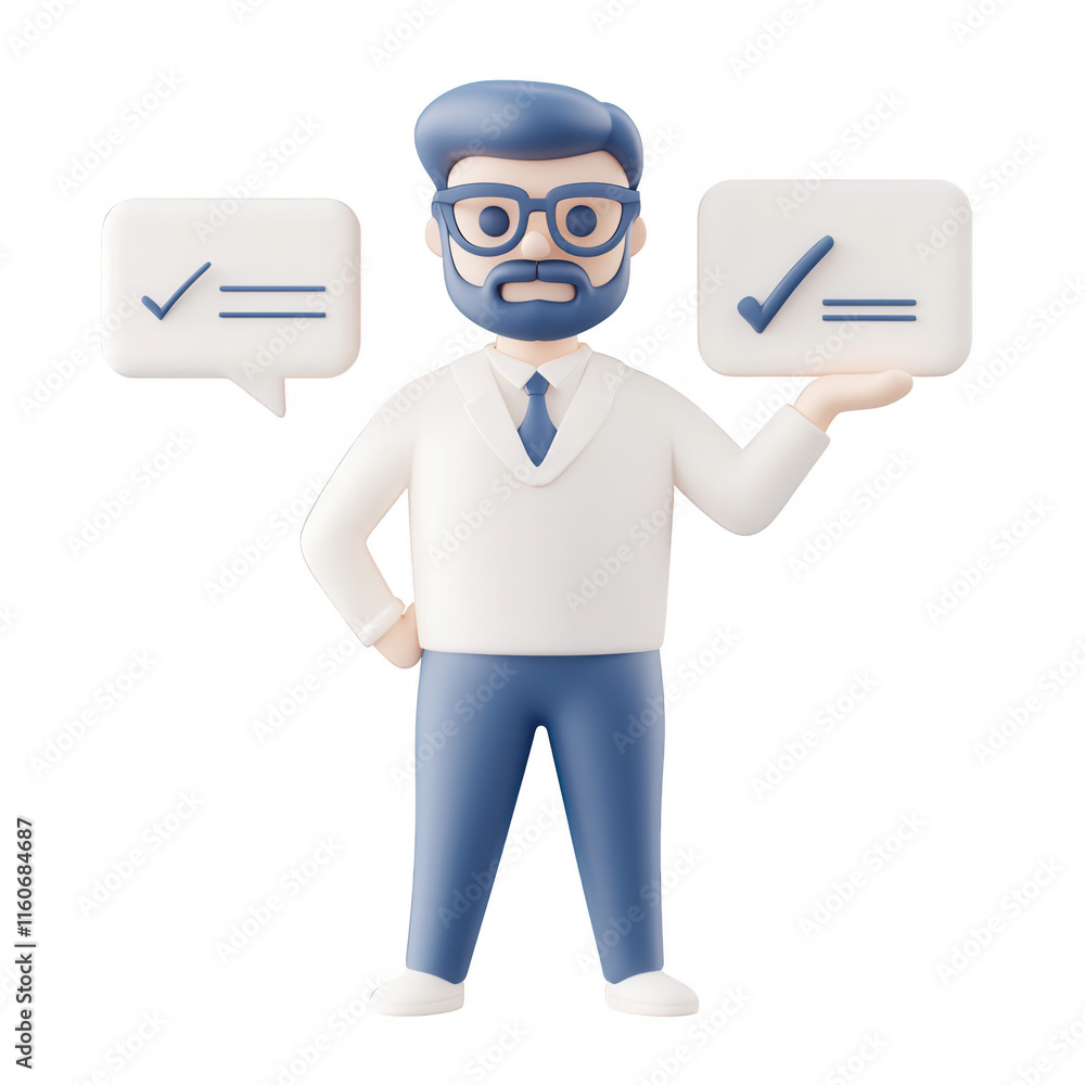 Poster a 3d character representing decision-making with checkmarks and dialogue bubbles., isolated on a tra