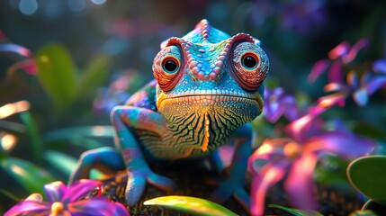 Fototapeta na wymiar Vibrant chameleon amidst colorful flowers.