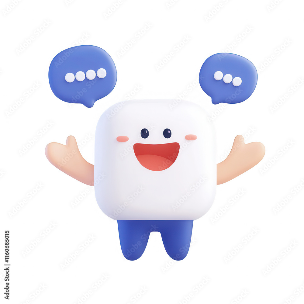 Poster a cheerful, cartoonish character with speech bubbles expressing positivity., isolated on a transpare