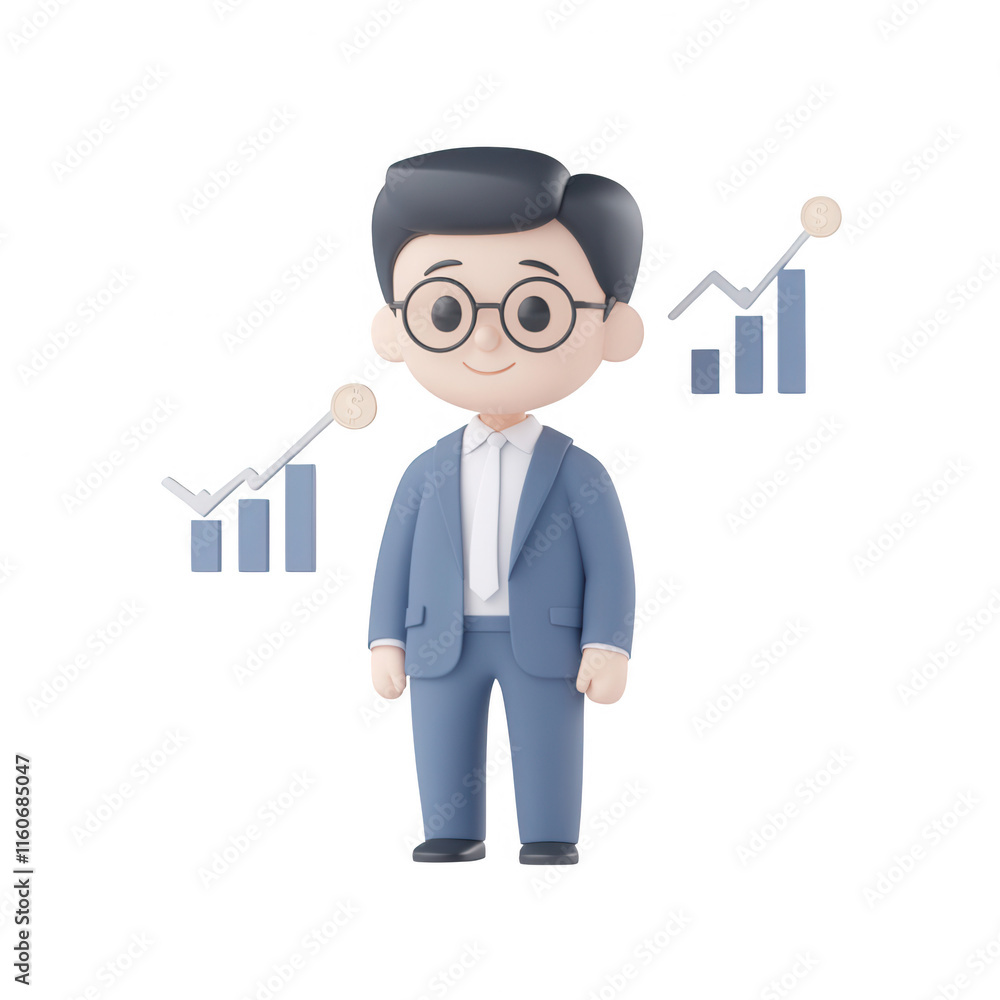 Poster A cheerful businessman standing confidently with upward graphs symbolizing success., isolated on a transparent background.