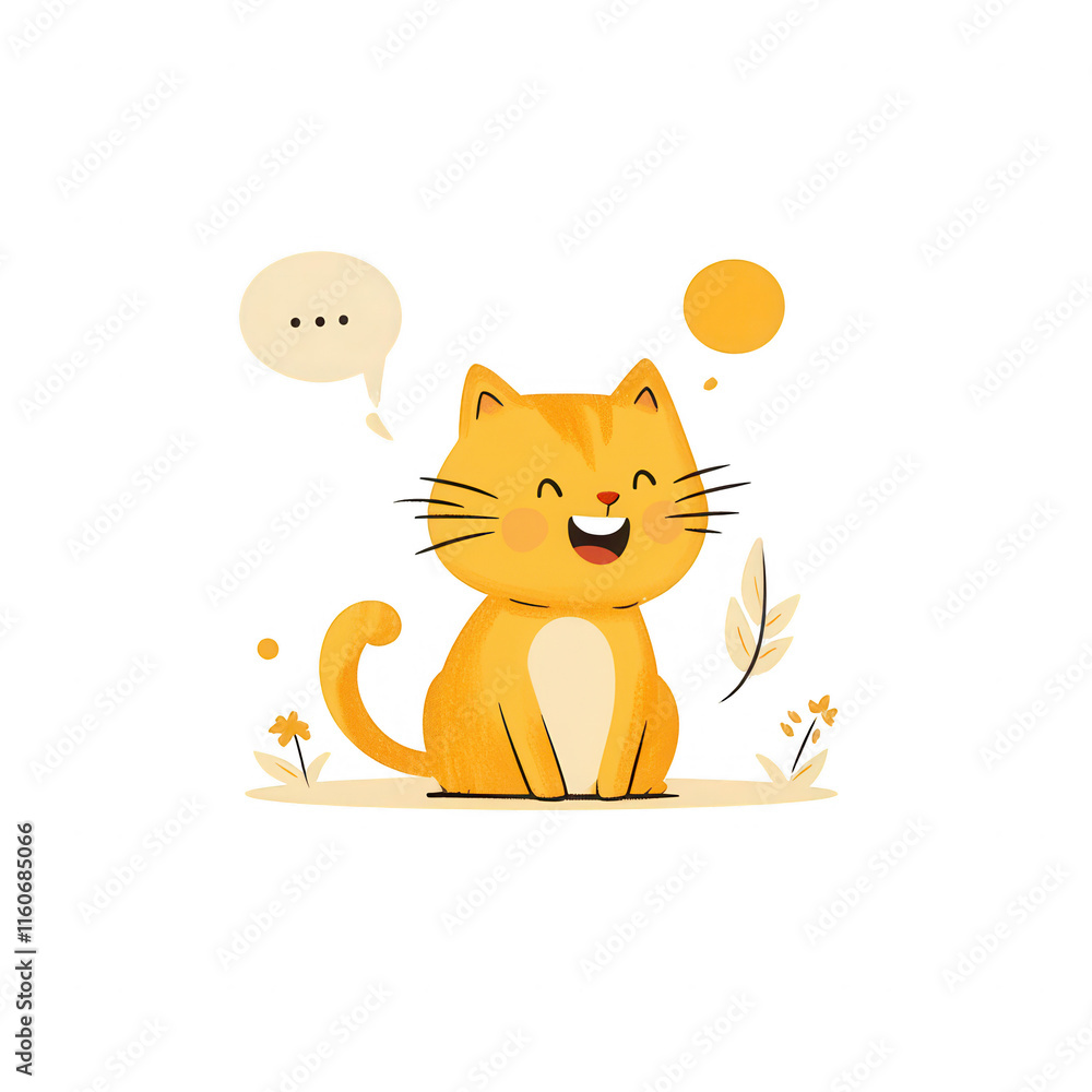 Poster a cheerful cartoon cat sitting with a playful expression and speech bubbles., isolated on a transpar