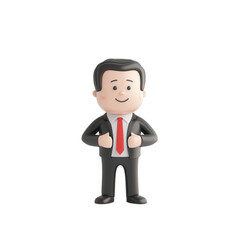 A cheerful cartoon businessman dressed in formal attire, presenting a confident posture., isolated on a transparent background.