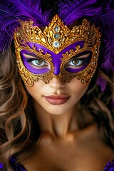 Blonde woman in vibrant purple golden mask and feathers celebrating Mardi Gras by Venice canal.