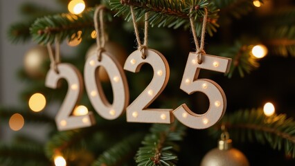 Glittering wooden ornaments adorn the Christmas tree branch, illuminated by twinkling lights. A subtle hint of festive flair comes from bold, dangling numerals: "2023" and "25"
