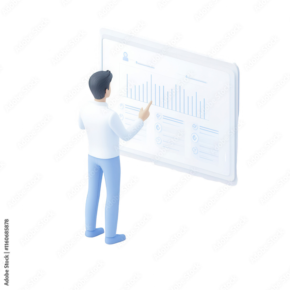 Poster a person analyzing data on a digital screen in a modern workspace., isolated on a transparent backgr