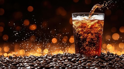 Sparkling brown drink pouring into glass on coffee beans.