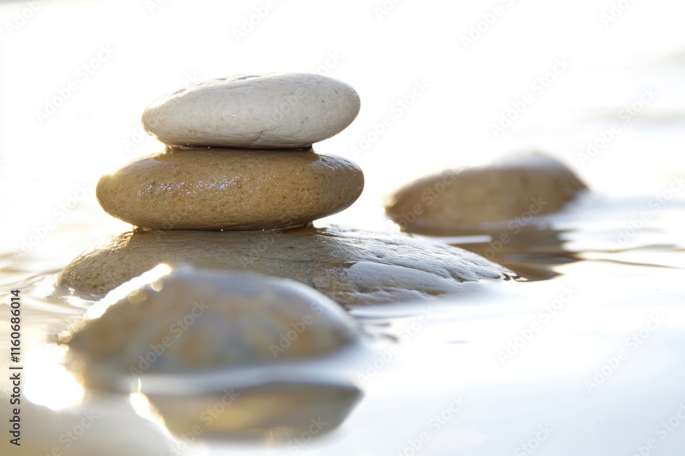 Poster a stack of rocks sitting on the surface of calm water, great for use in scenes where tranquility is 