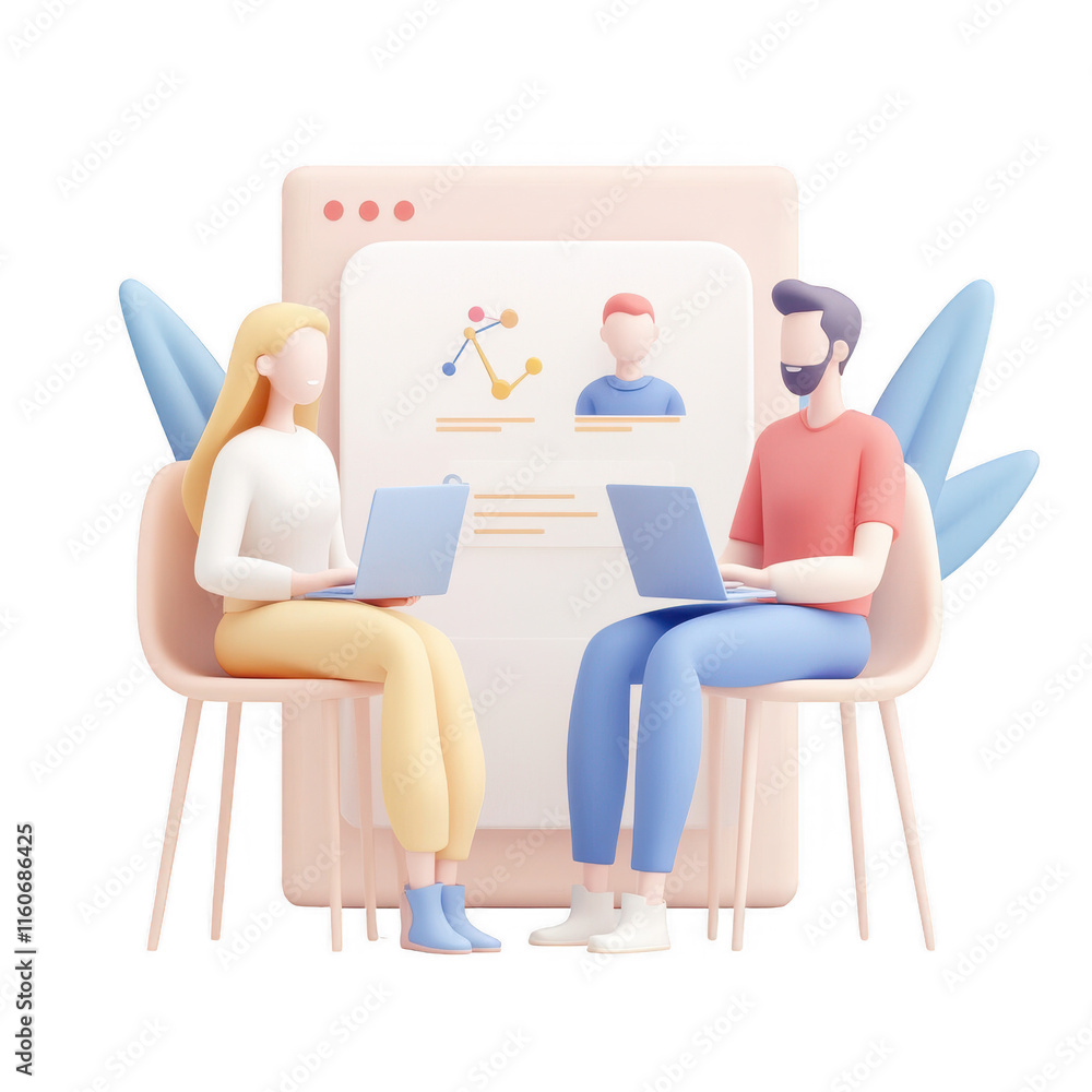 Poster collaborative team members engage in remote work via laptops in a modern setting., isolated on a tra