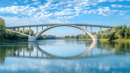 Fototapeta premium Concrete bridge over river with reflection of light and blue sky in clear and calm water