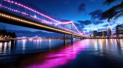 Fototapeta premium Night view of a bridge illuminated with colorful lights over water.