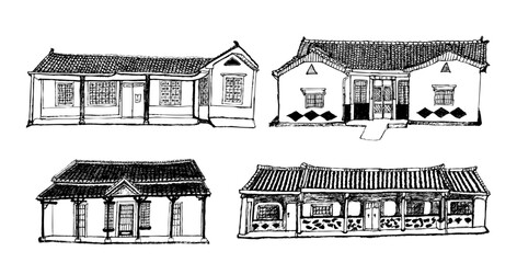 A hand-drawn doodle of Traditional Hokkien folk house	as a set