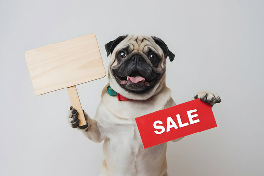 Pug dog holds SALE banner, creating playful promotional image
