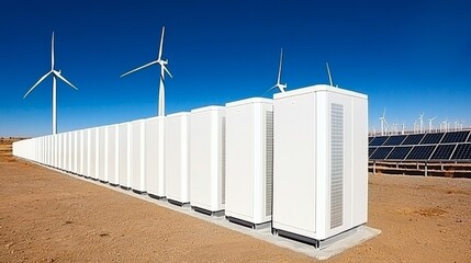 Modern White Battery Storage Facility with Wind Turbines: Energy Technology, Renewable Power, Environmental Sustainability, and Global Market Innovation