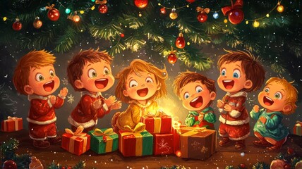 Fototapeta premium Children Await Christmas Presents Underneath The Tree