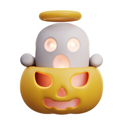 Fototapeta premium 3d illustration surprised ghost sits inside a glowing jackolantern 2
