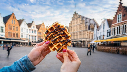 Fototapeta premium tasty waffle with chocolate sauce on the background of city tourist streets