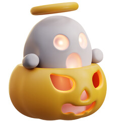 3d illustration surprised ghost sits inside a glowing jackolantern 4