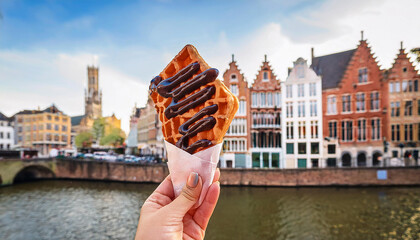 Fototapeta premium tasty waffle with chocolate sauce on the background of city tourist streets