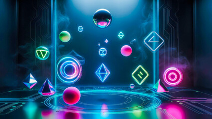 Fototapeta premium a futuristic room with a neon light and various shapes