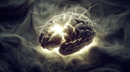 A fragmented, glowing brain surrounded by swirling darkness, symbolizing the severity and potential recovery after brain injury.