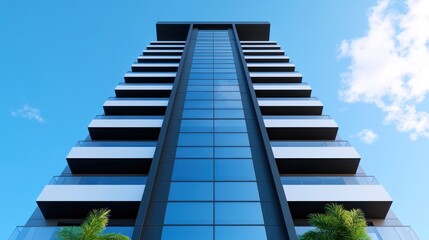 Modern high-rise building with glass facade and balconies.