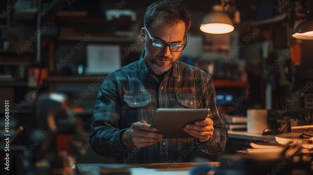 Poster man using tablet in workshop.