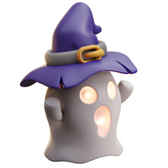 3d illustration cute ghost wears a purple witch hat 4