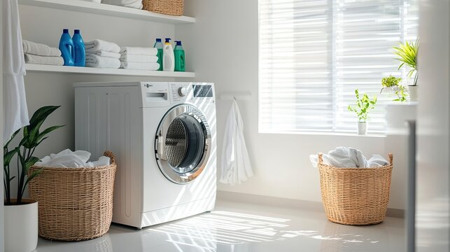 Modern washing machine in a clean laundry room with appliances and furniture, showing a fresh interior design and organized space