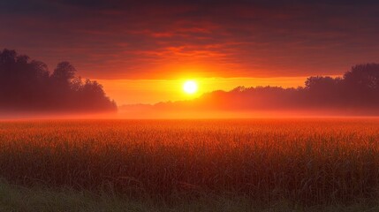 Fototapeta premium Sunrise over a field of tall grasses, with a vibrant orange and red sky and mist rising from the ground.