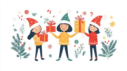 Fototapeta premium Three Girls Exchange Christmas Gifts Joyfully