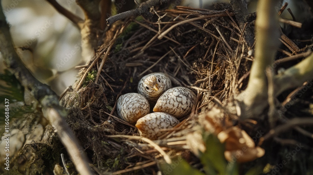 Poster a natural scene showing a bird's nest with four eggs inside, suitable for use in nature or wildlife 