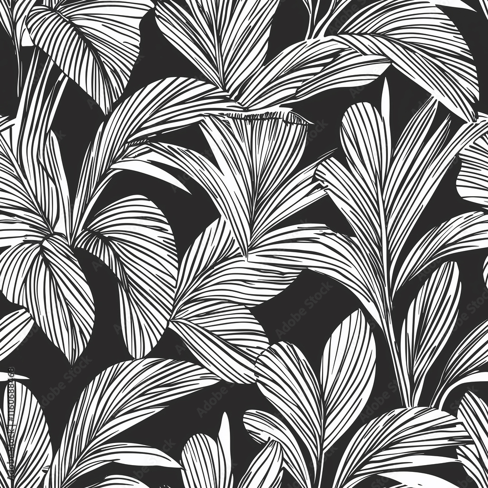 Poster black and white leaf pattern creating a stylish, tropical vibe suitable for various design applicati