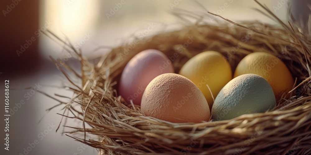 Poster a nest with four eggs placed on a table, perfect for various concepts and themes