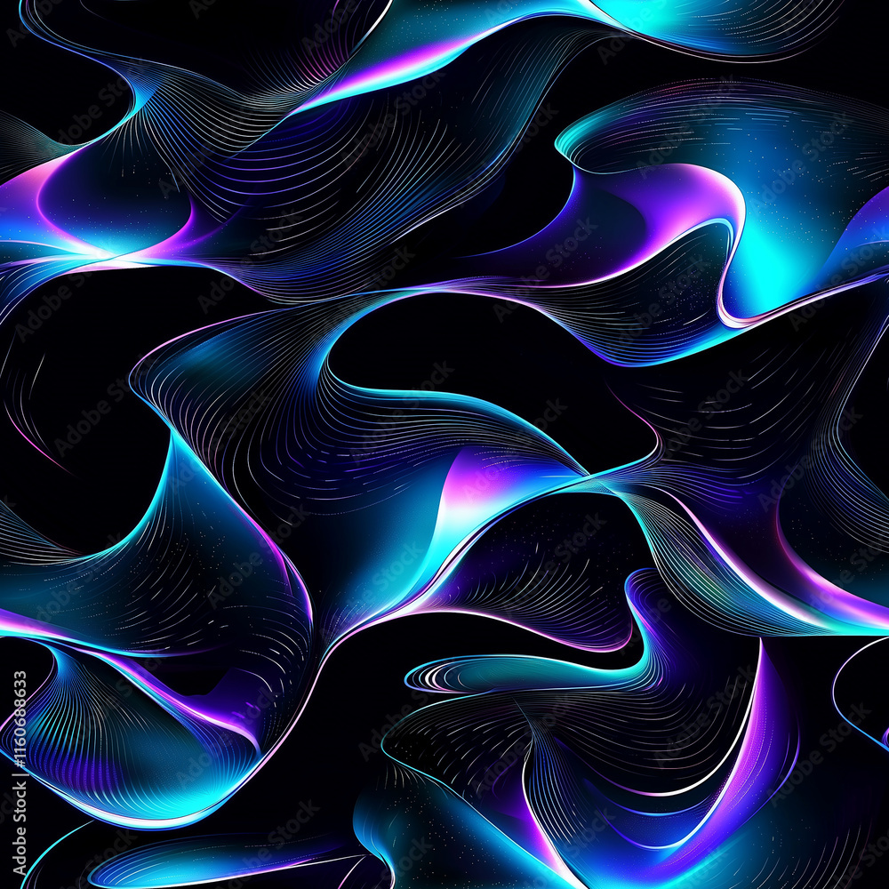 Poster abstract swirling patterns in vibrant blue and purple tones against a dark background, creating a dy