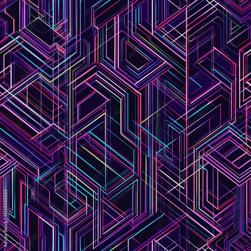 Poster vibrant geometric pattern with intersecting lines in purple and blue hues, creating a dynamic, moder
