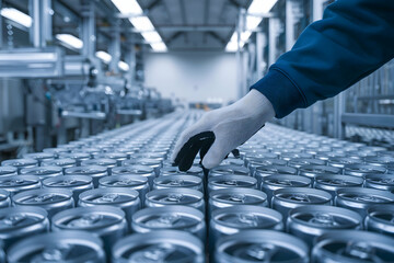 Gloved hand arranges aluminum cans in a factory setting, emphasizing quality control