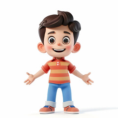 Fototapeta premium Cheerful Cartoon Boy with Brown Hair in Colorful Striped Shirt