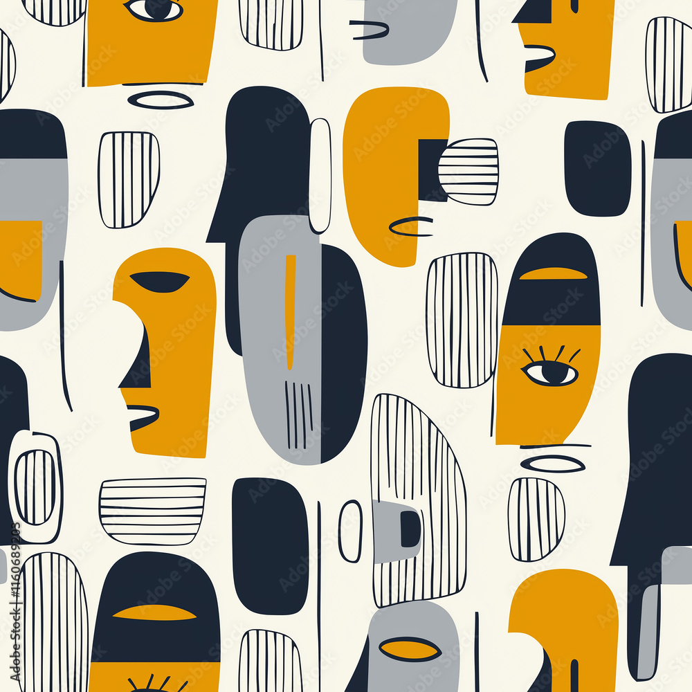 Poster abstract pattern featuring stylized faces in muted colors, combining geometric shapes and varied exp