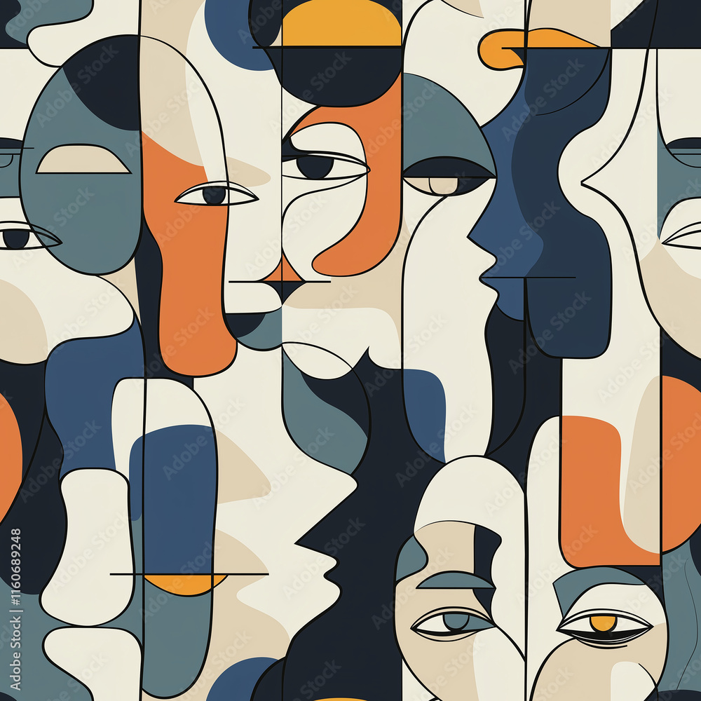 Poster abstract depiction of faces in a colorful and geometric arrangement, emphasizing expression and form